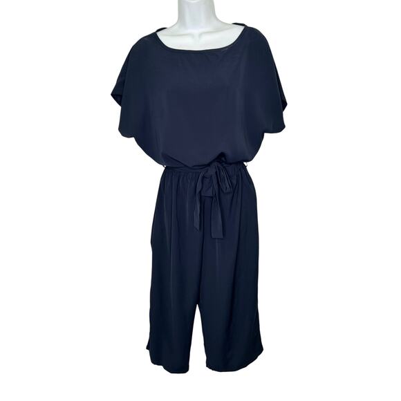 CHARTOU Blue Short Sleeve Belted Wide Leg Cropped Romper Palazzo Pants Jumpsuit - Picture 2 of 8